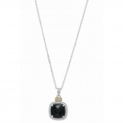 Silver And 18Kt Gold Popcorn Pendant With Large Square Cushion Black Onyx And Diamonds On 18In Chain