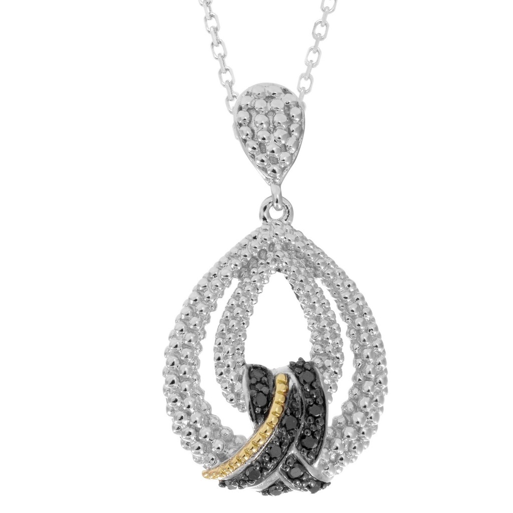 Silver And 18Kt Gold Popcorn Teardrop Pendant With Black Diamonds On 18In Chain
