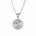 Silver And 18Kt Gold 14Mm Round Dragonfly  Pendant With White Sapphires On 18In Chain