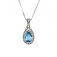 Silver And 18Kt Gold Teardrop Filigree Pendant With Blue Topaz And  White Sapphires On  18In Chain