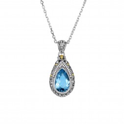Silver And 18Kt Gold Teardrop Filigree Pendant With Blue Topaz And  White Sapphires On  18In Chain