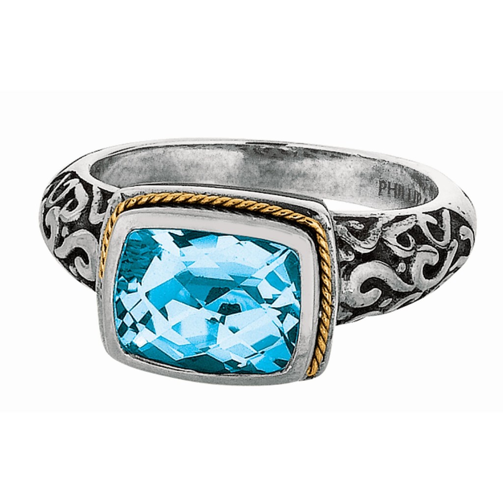 Silver And 18Kt Gold Square Byzantine Ring With Blue Topaz