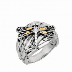 Silver And 18Kt Gold Oxidized Dragonfly Bamboo Ring