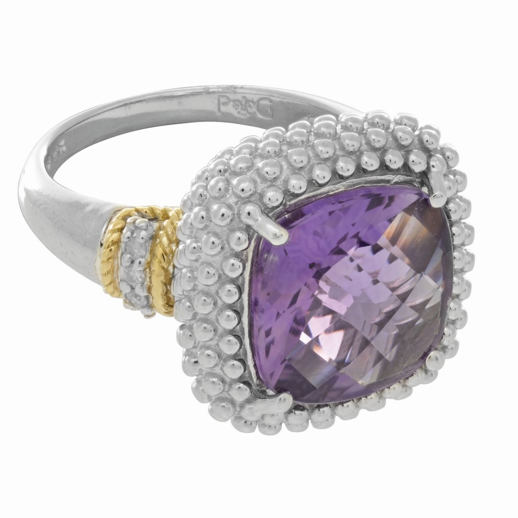 Silver And 18Kt Gold Popcorn Ring With Large Square Cushion Amethyst And Diamonds