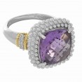 Silver And 18Kt Gold Popcorn Ring With Large Square Cushion Amethyst And Diamonds