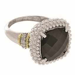 Silver And 18Kt Gold Popcorn Ring With Large Square Cushion Black Onyx And Diamonds