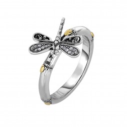 Silver And 18Kt Gold Bamboo Textured Dragonfly Ring With White Sapphires