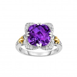 Silver And 18Kt Gold Gem Candy Square Ring With Cushion  Amethyst And Diamonds