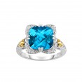 Silver And 18Kt Gold Gem Candy Square Ring With Cushion  Blue Topaz And Diamonds