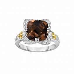 Silver And 18Kt Gold Gem Candy Square Ring With Cushion  Smokey Quartz And Diamonds