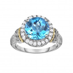Silver And 18Kt Gold Graduated Graduated Woven  Ring With  Light Swiss Blue Topaz And White Sapphire