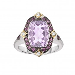 Silver And 18Kt Gold Cushion P Ink Amethyst, Rhodalite And Diamonds Ring