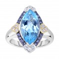 Silver And 18Kt Gold Gem Candy Marquis Ring  With Blue Topaz, Iolite And White Sapphire