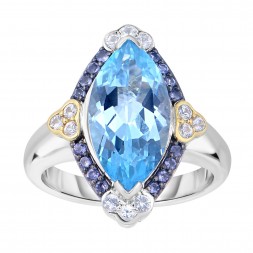 Silver And 18Kt Gold Gem Candy Marquis Ring  With Blue Topaz, Iolite And White Sapphire