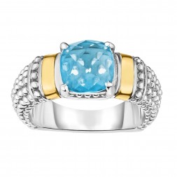Silver And 18Kt Gold  Popcorn Ring With Cushion Blue Topaz