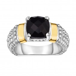 Silver And 18Kt Gold  Popcorn Ring With Cushion Black Onyx
