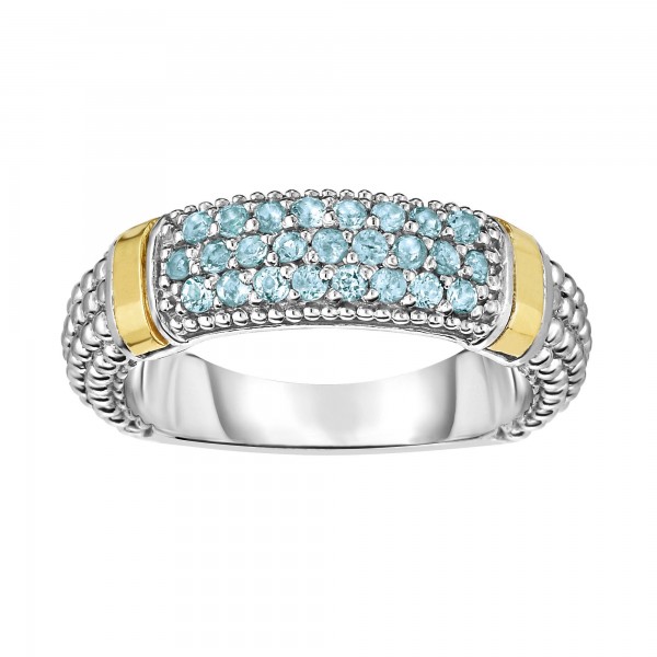 Silver And 18Kt Gold Popcorn Ring With Blue Topaz