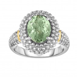 Silver And 18Kt Gold Popcorn Ring With Medium Oval Green Amethyst