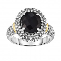 Silver And 18Kt Gold Popcorn Ring With Medium Oval Black Onyx
