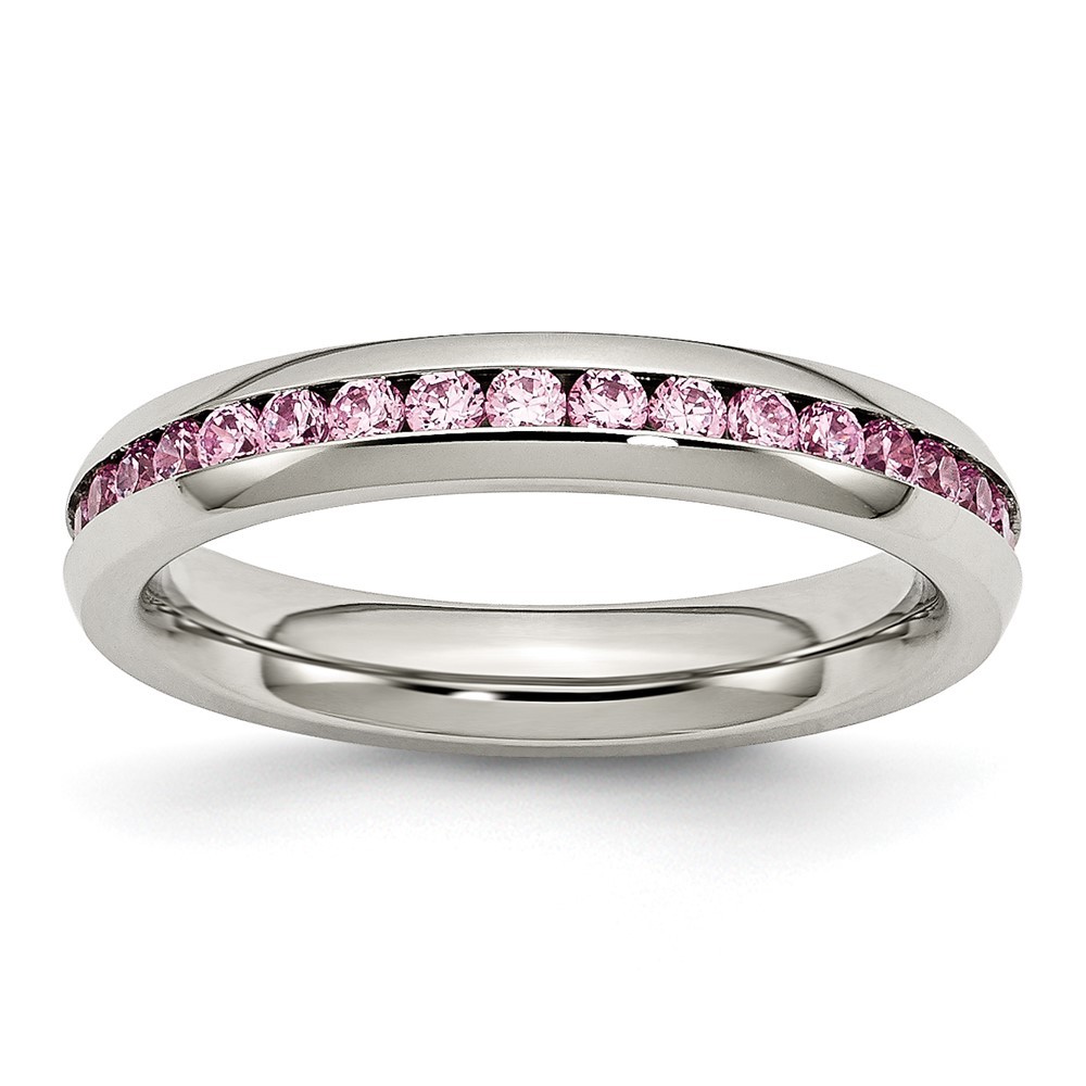 Stainless Steel Polished 4mm October Pink CZ Ring