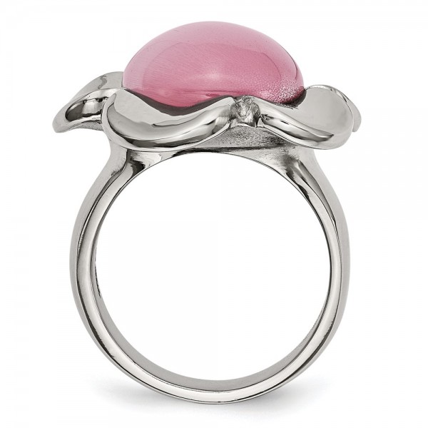Stainless Steel Polished Pink Cat's Eye Flower Ring