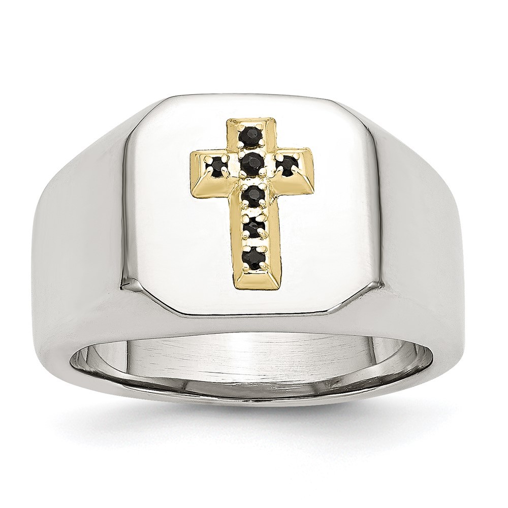 Stainless Steel Polished w/14k Accent 1/15ct Sapphire Cross Signet Ring