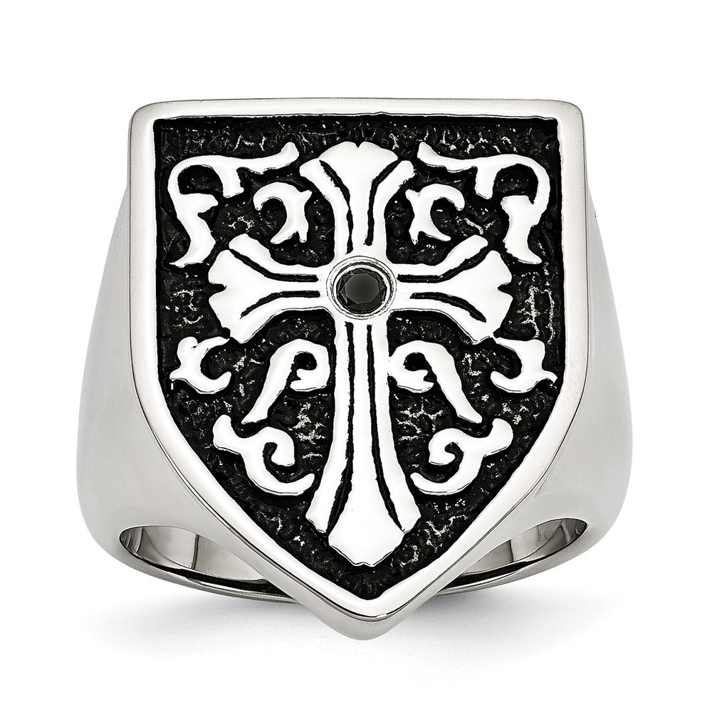Stainless Steel Antiqued & Polished 1/20ct Black Diamond Shield Ring