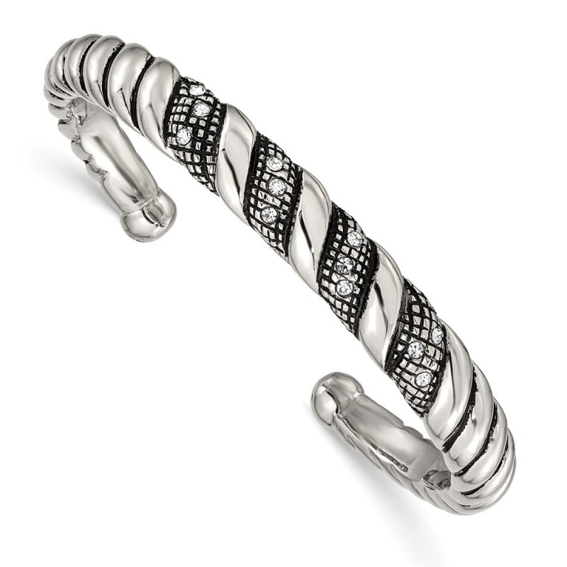 Stainless Steel Polished and Antiqued w/Crystal Cuff Bangle