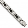 Stainless Steel Brushed with Black Leather and Black CZ 8.5in Bracelet