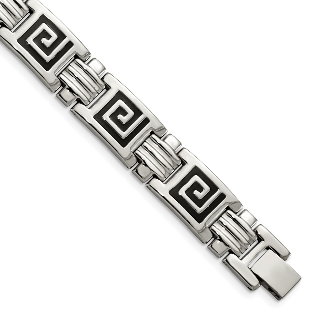 Stainless Steel 9in Polished with Black Enamel Greek Key Bracelet