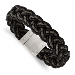Stainless Steel Brushed Black and Grey Woven Leather 8.5in Bracelet