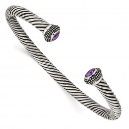 Stainless Steel Antiqued and Polished w/Purple CZ Twisted Bangle