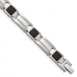 Stainless Steel Polished Black Carbon Fiber Inlay 8.75in Bracelet