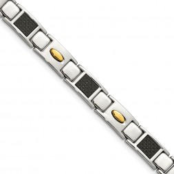 Stainless Steel Polished Yellow IP Black Carbon Fiber Inlay 8.5in Bracelet