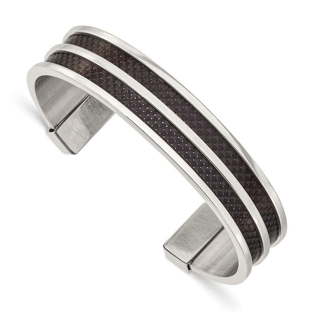Stainless Steel Polished Black Carbon Fiber Inlay Cuff Bangle