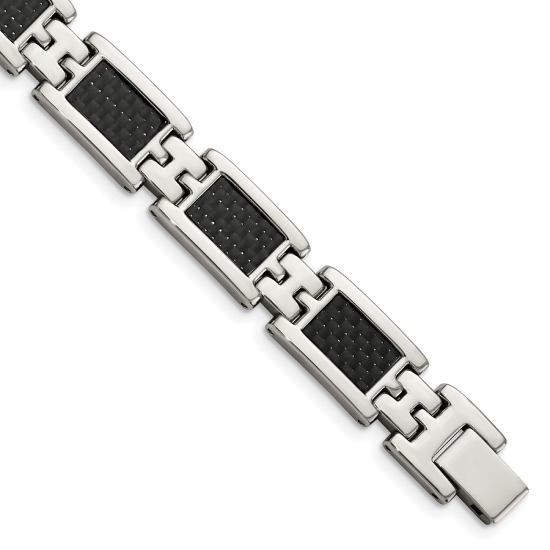 Stainless Steel Polished Black Carbon Fiber Inlay 9in Bracelet