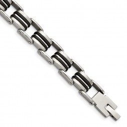 Stainless Steel 8.5in Brushed and Polished with Black Rubber Bracelet