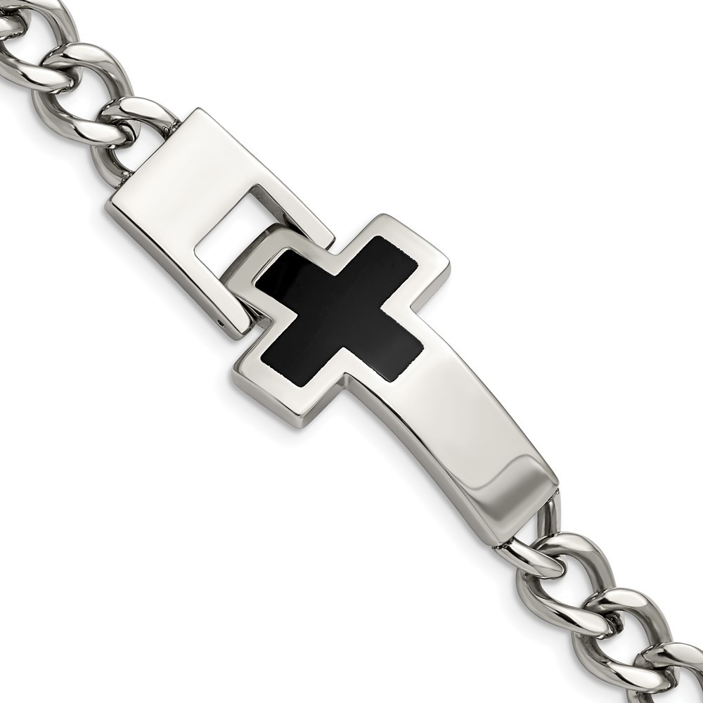 Stainless Steel Polished with Enamel Cross 9.25in Bracelet