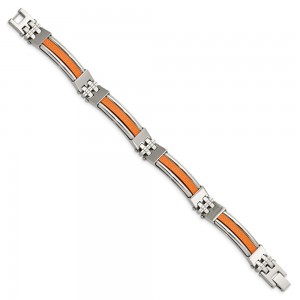 Stainless Steel 9in Polished with Orange Rubber Inlay Greek Key Bracelet