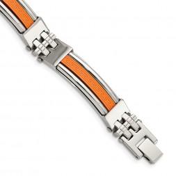 Stainless Steel 9in Polished with Orange Rubber Inlay Greek Key Bracelet