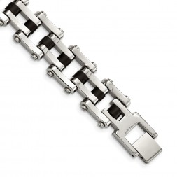 Stainless Steel Polished with Black Rubber 8.5in Bracelet