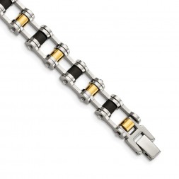 Stainless Steel 8.75in Polished Yellow IP-plated w/Black Rubber Bracelet