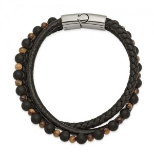 Stainless Steel Polished with Tiger's Eye/Black Agate Leather 8.25in Bracelet