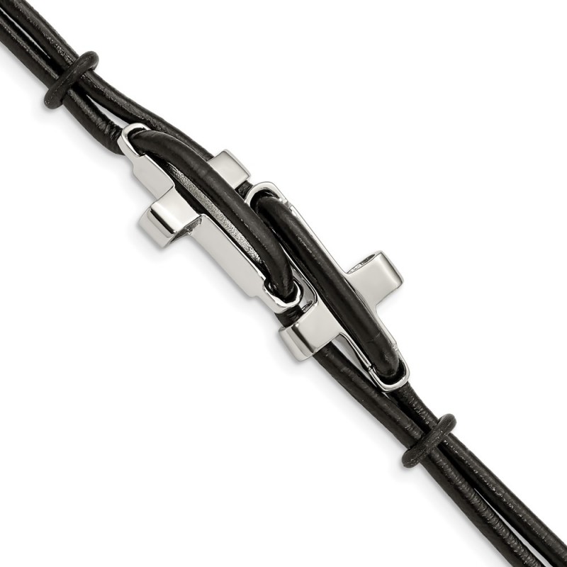 Stainless Steel Polished Crosses Black Leather 8.25in Bracelet