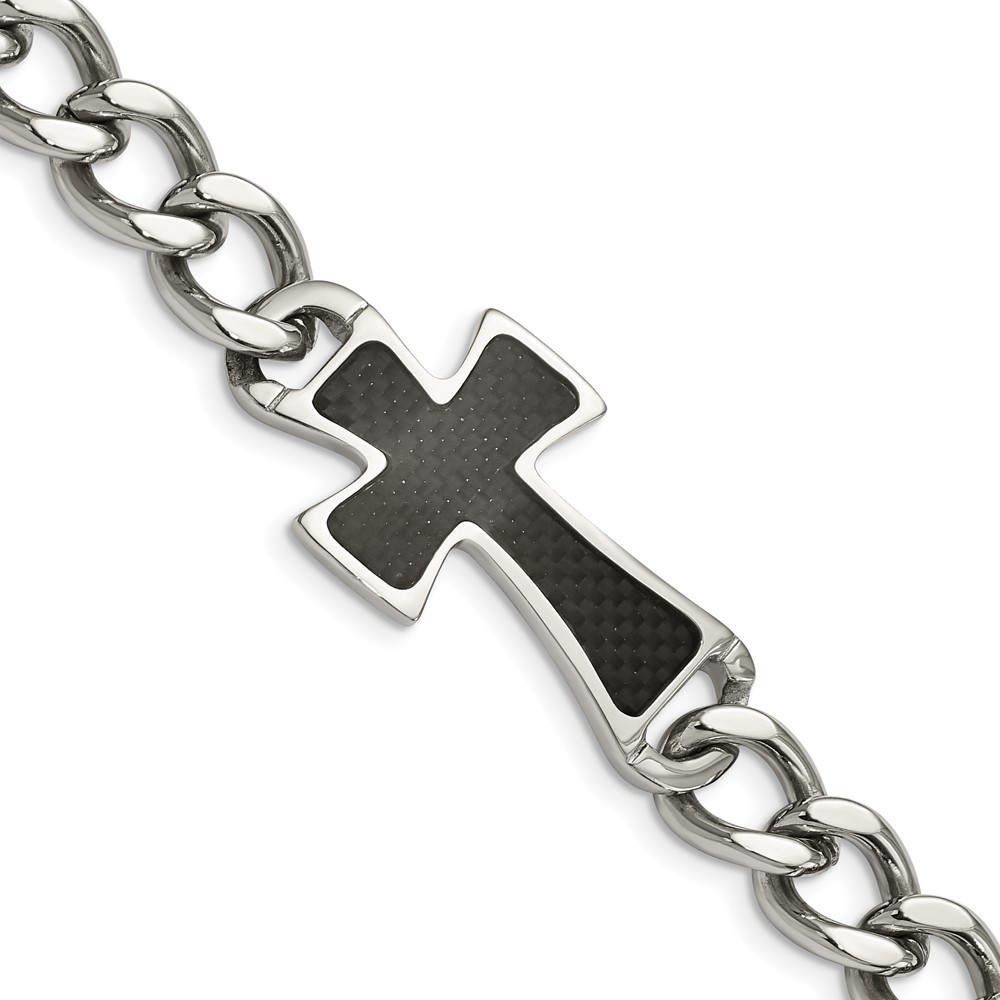 Stainless Steel Polished Black Carbon Fiber Inlay Cross 8.5in Bracelet