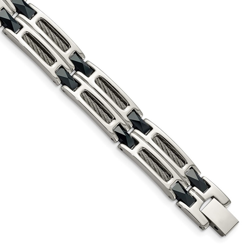 Stainless Steel Polished with Blue Ceramic 8.75in Bracelet