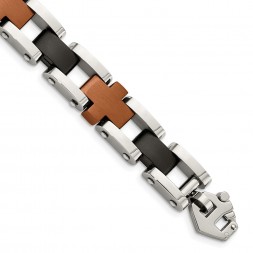 Stainless Steel Brushed & Polished Brown & Black IP-plated 8.75in Bracelet