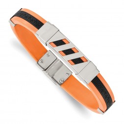 Stainless Steel 8in Polished Orange and Black Rubber Bracelet