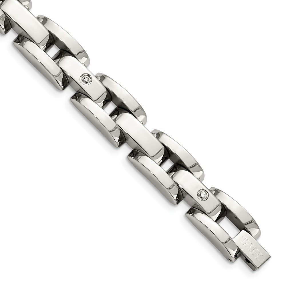 Stainless Steel 8.5in Polished with14k White Gold & Diamonds Bracelet