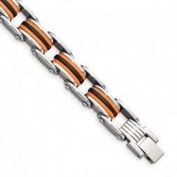 Stainless Steel 8.75in Polished with Polyurethane Black & Orange Bracelet
